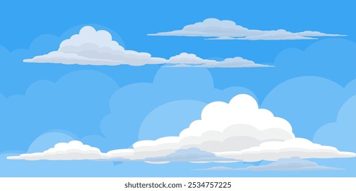 Sky with Clouds illustration in flat style. Sky and clouds background. Cloudy vector cartoon illustration in blue color. Nature abstract wallpaper.
