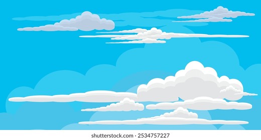 Sky with Clouds illustration in flat style. Sky and clouds background. Cloudy vector cartoon illustration in blue color. Nature abstract wallpaper.