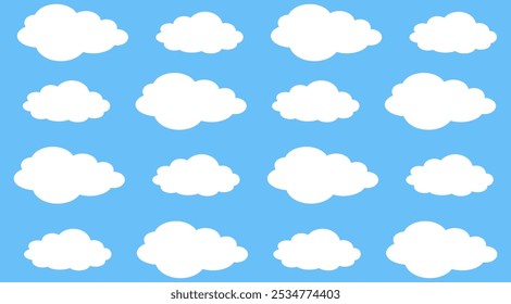 Sky with Clouds illustration in flat style. Sky and clouds background. Cloudy vector cartoon illustration in blue color. Nature abstract wallpaper.