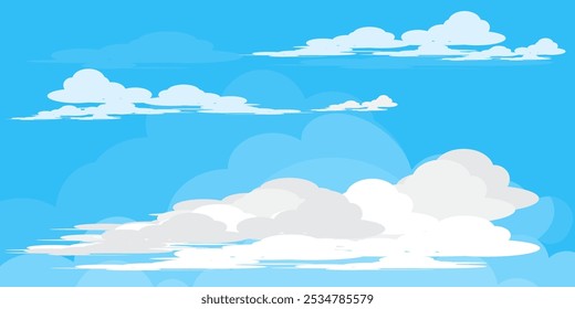 Ilustração de Céu com Nuvens em estilo plano. Fundo do céu e das nuvens. Ilustração de desenho animado de vetor nublado em cor azul. Natureza abstrata papel de parede.