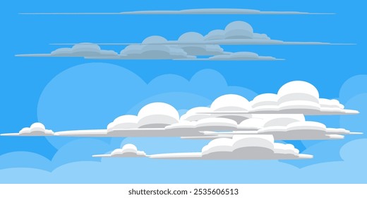 Sky with Clouds illustration in flat style. Sky and clouds background. Cloudy vector cartoon illustration in blue color. Nature abstract wallpaper.