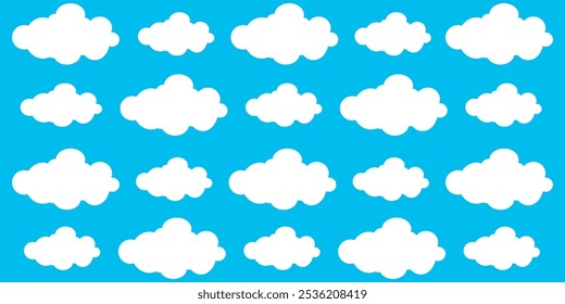 Sky with Clouds illustration in flat style. Sky and clouds background. Cloudy vector cartoon illustration in blue color. Nature abstract wallpaper.