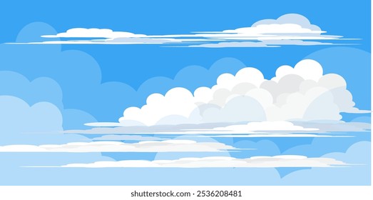 Sky with Clouds illustration in flat style. Sky and clouds background. Cloudy vector cartoon illustration in blue color. Nature abstract wallpaper.