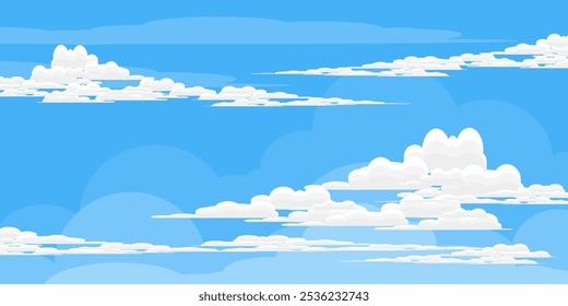 Himmel mit Wolken Illustration im flachen Stil. Himmel und Wolken Hintergrund. Trübe Vektorkarikatur in blauer Farbe. Natur abstrakte Tapete.