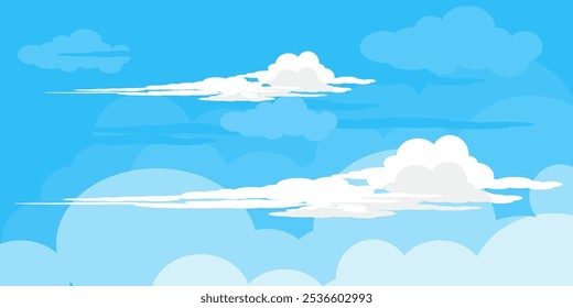 Sky with Clouds illustration in flat style. Sky and clouds background. Cloudy vector cartoon illustration in blue color. Nature abstract wallpaper.