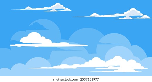 Sky with Clouds illustration in flat style. Sky and clouds background. Cloudy vector cartoon illustration in blue color. Nature abstract wallpaper.