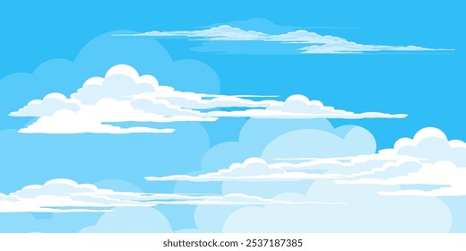 Sky with Clouds illustration in flat style. Sky and clouds background. Cloudy vector cartoon illustration in blue color. Nature abstract wallpaper.