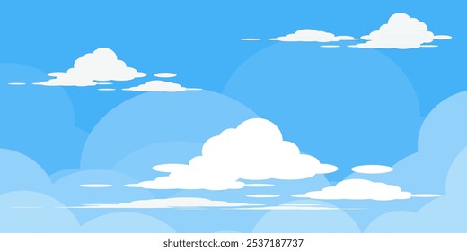 Sky with Clouds illustration in flat style. Sky and clouds background. Cloudy vector cartoon illustration in blue color. Nature abstract wallpaper.