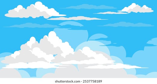 Sky with Clouds illustration in flat style. Sky and clouds background. Cloudy vector cartoon illustration in blue color. Nature abstract wallpaper.