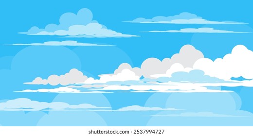 Sky with Clouds illustration in flat style. Sky and clouds background. Cloudy vector cartoon illustration in blue color. Nature abstract wallpaper.