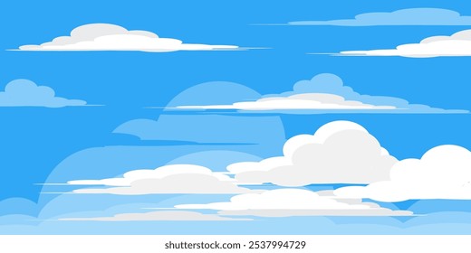 Sky with Clouds illustration in flat style. Sky and clouds background. Cloudy vector cartoon illustration in blue color. Nature abstract wallpaper.