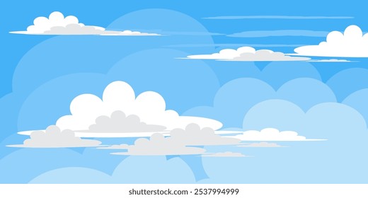 Sky with Clouds illustration in flat style. Sky and clouds background. Cloudy vector cartoon illustration in blue color. Nature abstract wallpaper.