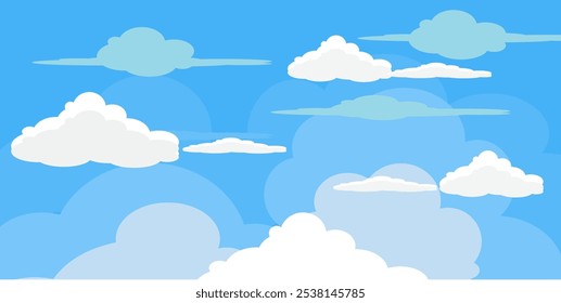 Sky with Clouds illustration in flat style. Sky and clouds background. Cloudy vector cartoon illustration in blue color. Nature abstract wallpaper.