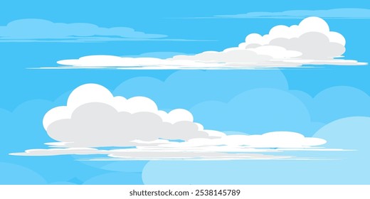 Ilustração de Céu com Nuvens em estilo plano. Fundo do céu e das nuvens. Ilustração de desenho animado de vetor nublado em cor azul. Natureza abstrata papel de parede.