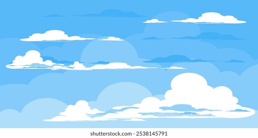 Cielo con la ilustración de las nubes en estilo plano. Cielo y fondo de nubes. Ilustración de dibujos animados de Vector nublado en color azul. Fondo de pantalla abstracto de Naturaleza.