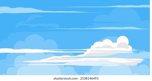 Himmel mit Wolken Illustration im flachen Stil. Himmel und Wolken Hintergrund. Trübe Vektorkarikatur in blauer Farbe. Natur abstrakte Tapete.