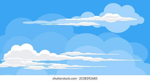 Sky with Clouds illustration in flat style. Sky and clouds background. Cloudy vector cartoon illustration in blue color. Nature abstract wallpaper.