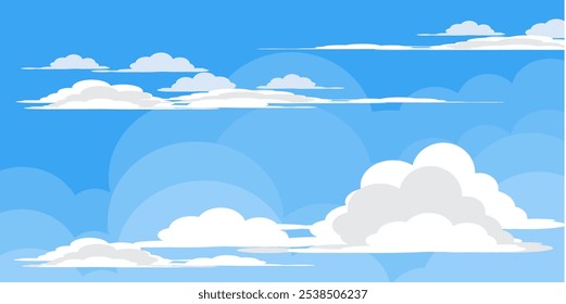 Cielo con la ilustración de las nubes en estilo plano. Cielo y fondo de nubes. Ilustración de dibujos animados de Vector nublado en color azul. Fondo de pantalla abstracto de Naturaleza.