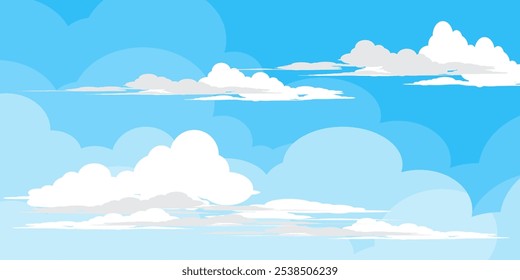 Sky with Clouds illustration in flat style. Sky and clouds background. Cloudy vector cartoon illustration in blue color. Nature abstract wallpaper.