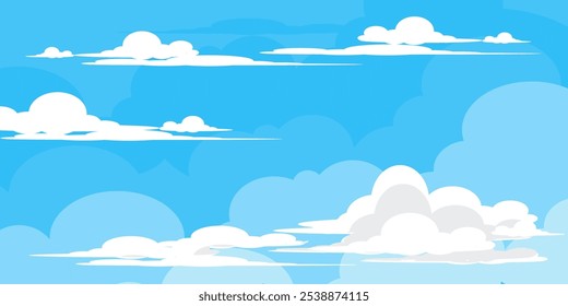 Sky with Clouds illustration in flat style. Sky and clouds background. Cloudy vector cartoon illustration in blue color. Nature abstract wallpaper.