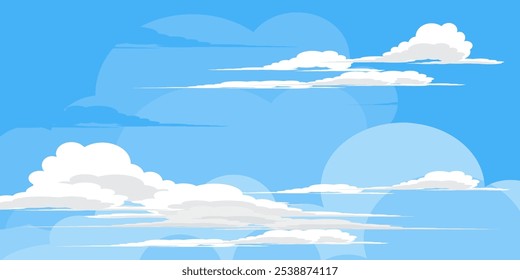 Sky with Clouds illustration in flat style. Sky and clouds background. Cloudy vector cartoon illustration in blue color. Nature abstract wallpaper.