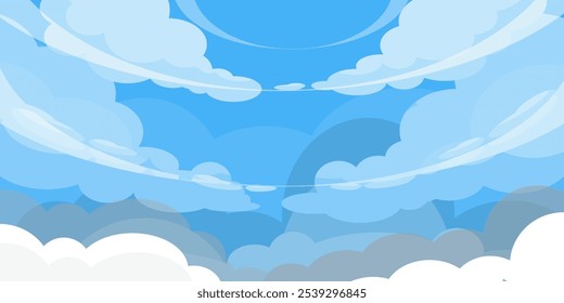 Sky with Clouds illustration in flat style. Sky and clouds background. Cloudy vector cartoon illustration in blue color. Nature abstract wallpaper.