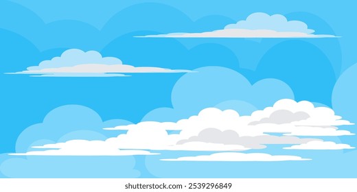 Sky with Clouds illustration in flat style. Sky and clouds background. Cloudy vector cartoon illustration in blue color. Nature abstract wallpaper.