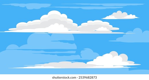 Sky with Clouds illustration in flat style. Sky and clouds background. Cloudy vector cartoon illustration in blue color. Nature abstract wallpaper.