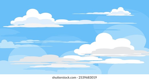 Himmel mit Wolken Illustration im flachen Stil. Himmel und Wolken Hintergrund. Trübe Vektorkarikatur in blauer Farbe. Natur abstrakte Tapete.