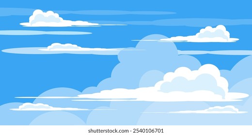 Sky with Clouds illustration in flat style. Sky and clouds background. Cloudy vector cartoon illustration in blue color. Nature abstract wallpaper.
