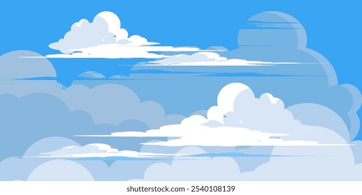 Cielo con la ilustración de las nubes en estilo plano. Cielo y fondo de nubes. Ilustración de dibujos animados de Vector nublado en color azul. Fondo de pantalla abstracto de Naturaleza.