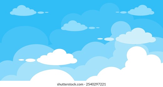 Sky with Clouds illustration in flat style. Sky and clouds background. Cloudy vector cartoon illustration in blue color. Nature abstract wallpaper.