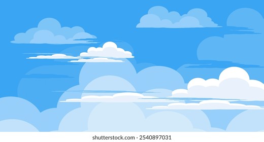 Sky with Clouds illustration in flat style. Sky and clouds background. Cloudy vector cartoon illustration in blue color. Nature abstract wallpaper.