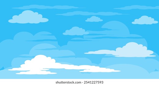 Sky with Clouds illustration in flat style. Sky and clouds background. Cloudy vector cartoon illustration in blue color. Nature abstract wallpaper.