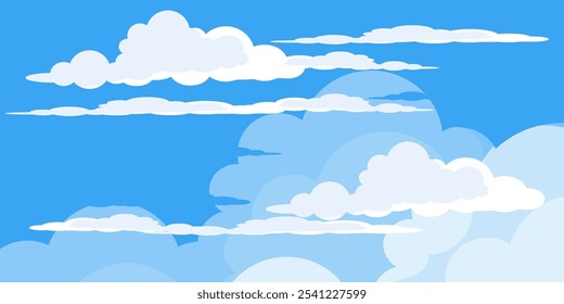 Sky with Clouds illustration in flat style. Sky and clouds background. Cloudy vector cartoon illustration in blue color. Nature abstract wallpaper.