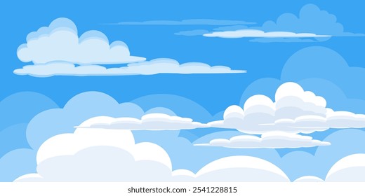 Cielo con la ilustración de las nubes en estilo plano. Cielo y fondo de nubes. Ilustración de dibujos animados de Vector nublado en color azul. Fondo de pantalla abstracto de Naturaleza.