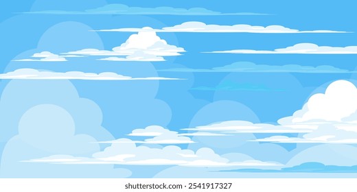 Sky with Clouds illustration in flat style. Sky and clouds background. Cloudy vector cartoon illustration in blue color. Nature abstract wallpaper.