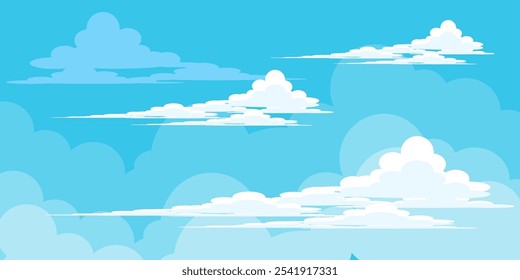 Ilustração de Céu com Nuvens em estilo plano. Fundo do céu e das nuvens. Ilustração de desenho animado de vetor nublado em cor azul. Natureza abstrata papel de parede.