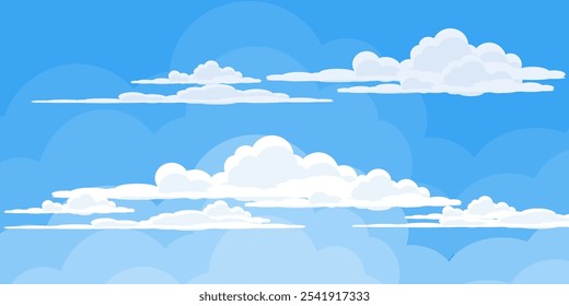 Sky with Clouds illustration in flat style. Sky and clouds background. Cloudy vector cartoon illustration in blue color. Nature abstract wallpaper.