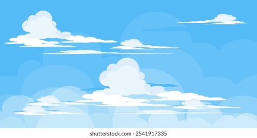 Sky with Clouds illustration in flat style. Sky and clouds background. Cloudy vector cartoon illustration in blue color. Nature abstract wallpaper.