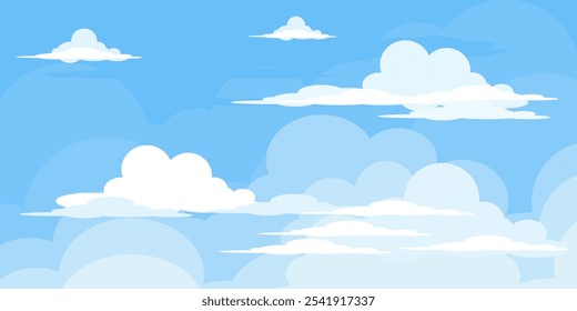 Sky with Clouds illustration in flat style. Sky and clouds background. Cloudy vector cartoon illustration in blue color. Nature abstract wallpaper.