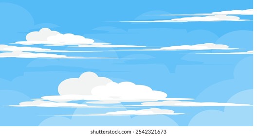 Ilustração de Céu com Nuvens em estilo plano. Fundo do céu e das nuvens. Ilustração de desenho animado de vetor nublado em cor azul. Natureza abstrata papel de parede.