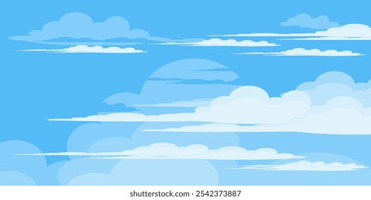 Ilustração de Céu com Nuvens em estilo plano. Fundo do céu e das nuvens. Ilustração de desenho animado de vetor nublado em cor azul. Natureza abstrata papel de parede.