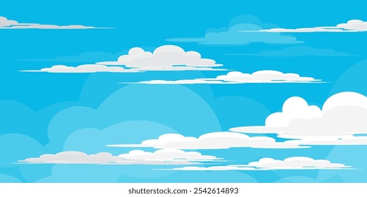 Cielo con la ilustración de las nubes en estilo plano. Cielo y fondo de nubes. Ilustración de dibujos animados de Vector nublado en color azul. Fondo de pantalla abstracto de Naturaleza.