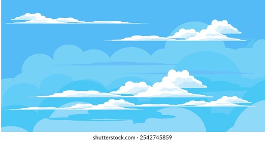 Sky with Clouds illustration in flat style. Sky and clouds background. Cloudy vector cartoon illustration in blue color. Nature abstract wallpaper.