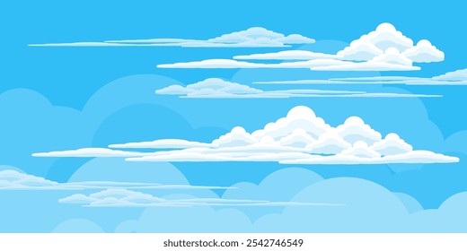 Sky with Clouds illustration in flat style. Sky and clouds background. Cloudy vector cartoon illustration in blue color. Nature abstract wallpaper.