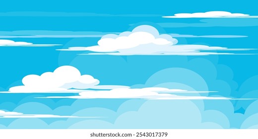 Himmel mit Wolken Illustration im flachen Stil. Himmel und Wolken Hintergrund. Trübe Vektorkarikatur in blauer Farbe. Natur abstrakte Tapete.