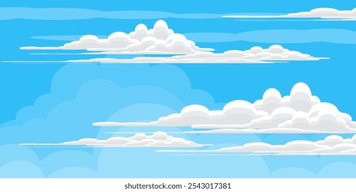Cielo con la ilustración de las nubes en estilo plano. Cielo y fondo de nubes. Ilustración de dibujos animados de Vector nublado en color azul. Fondo de pantalla abstracto de Naturaleza.