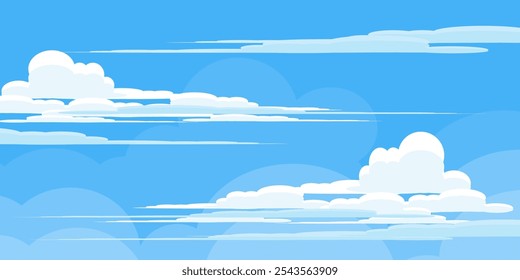 Sky with Clouds illustration in flat style. Sky and clouds background. Cloudy vector cartoon illustration in blue color. Nature abstract wallpaper.