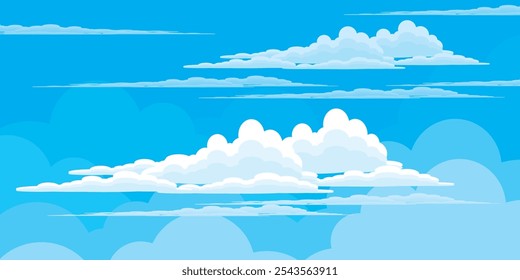 Ilustração de Céu com Nuvens em estilo plano. Fundo do céu e das nuvens. Ilustração de desenho animado de vetor nublado em cor azul. Natureza abstrata papel de parede.